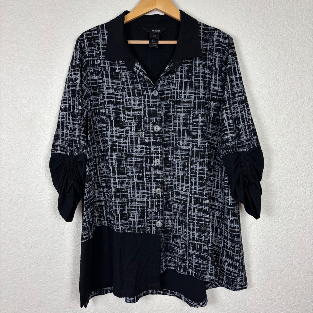 Ali Miles Black White Grid Print Button Front Tunic Top Sz Large Arsty Lagenlook